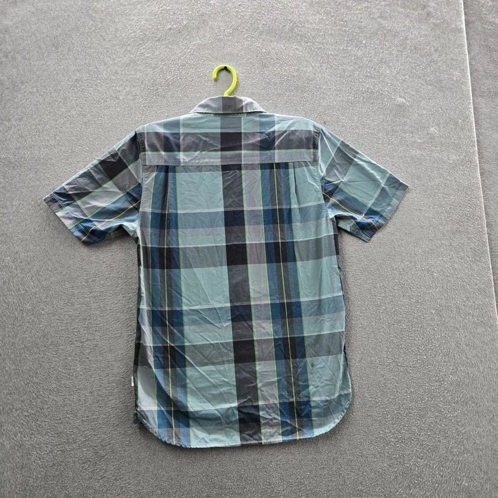 The North Face Men‎ Button Up Shirt S Blue Tartan Plaid Short Sleeve Logo Casual